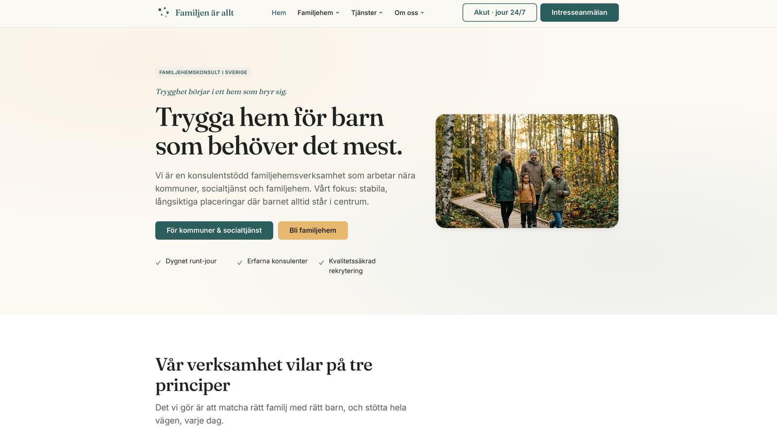 Startsidan Webraketen byggt åt Familjen är allt, med logotyp och färger vi tog fram