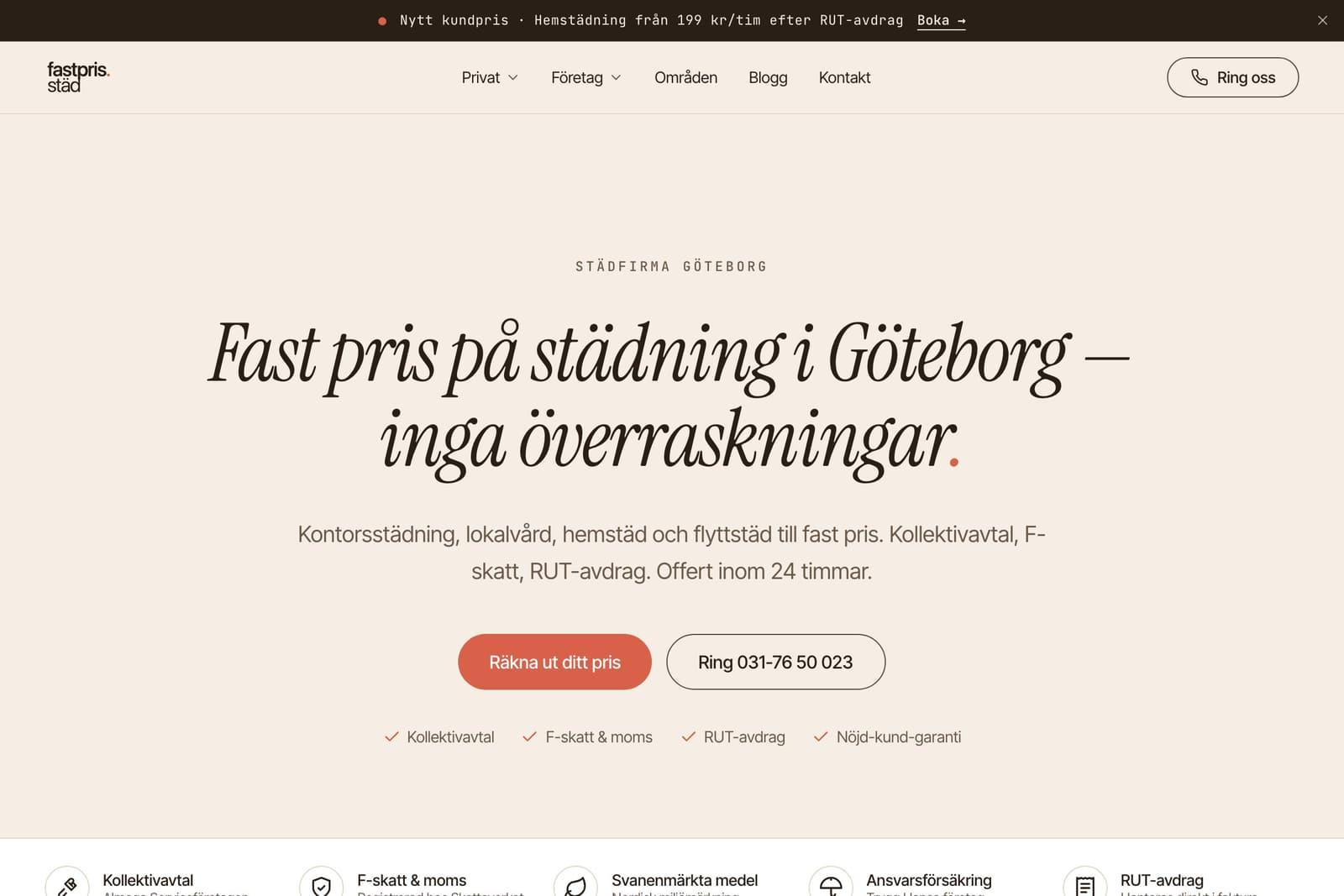 Startsidan Webraketen byggt åt Fastpris Städ i Göteborg