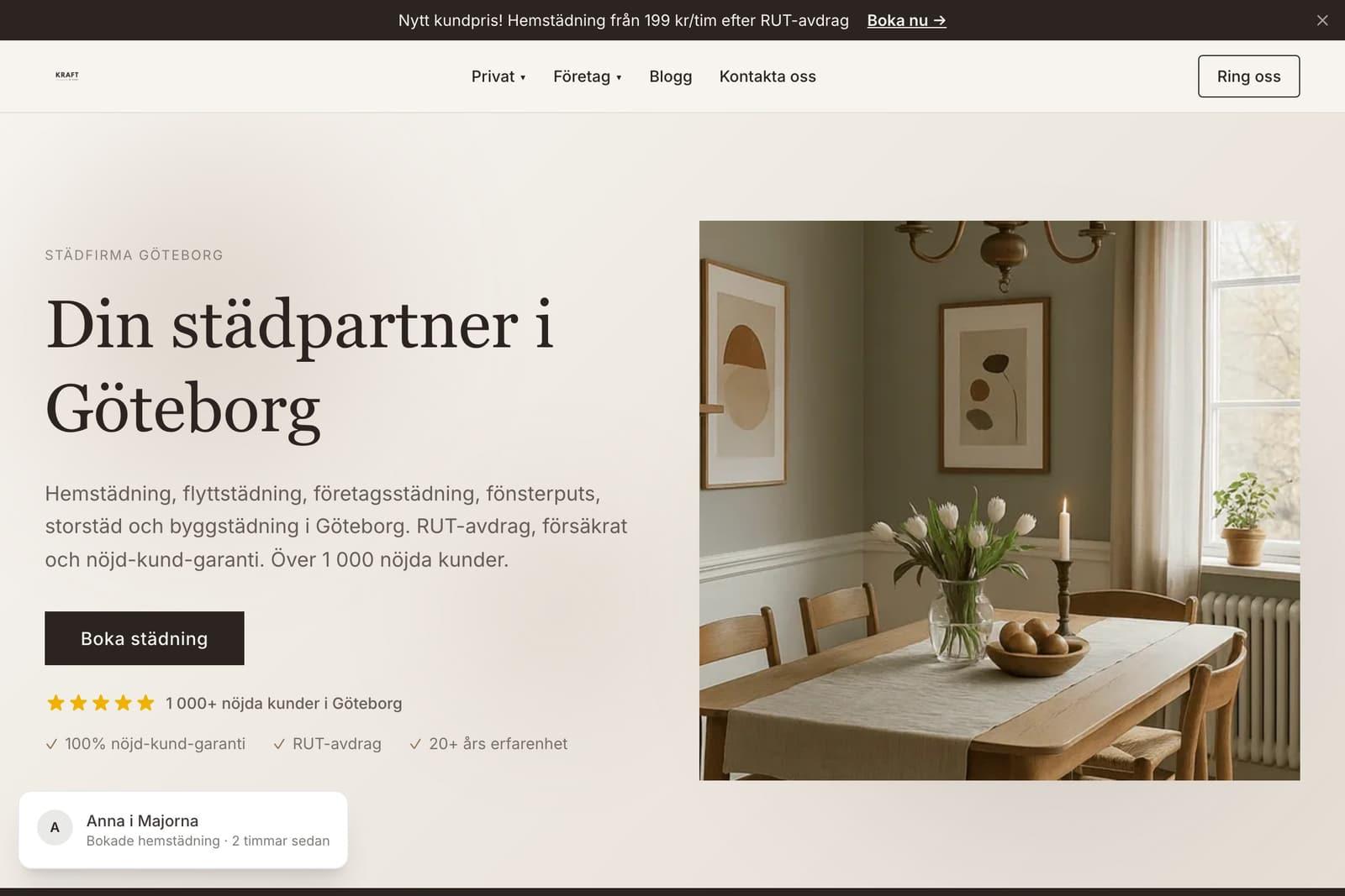 Startsidan Webraketen byggt åt städfirman Kraft & Rent i Göteborg
