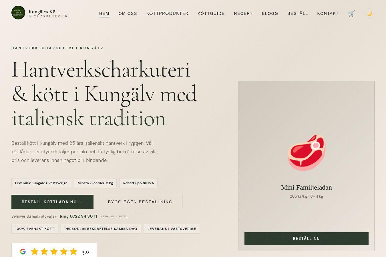 Startsidan Webraketen byggt åt Kungälvs Kött och Chark, med Mini Familjelådan i kortet till höger