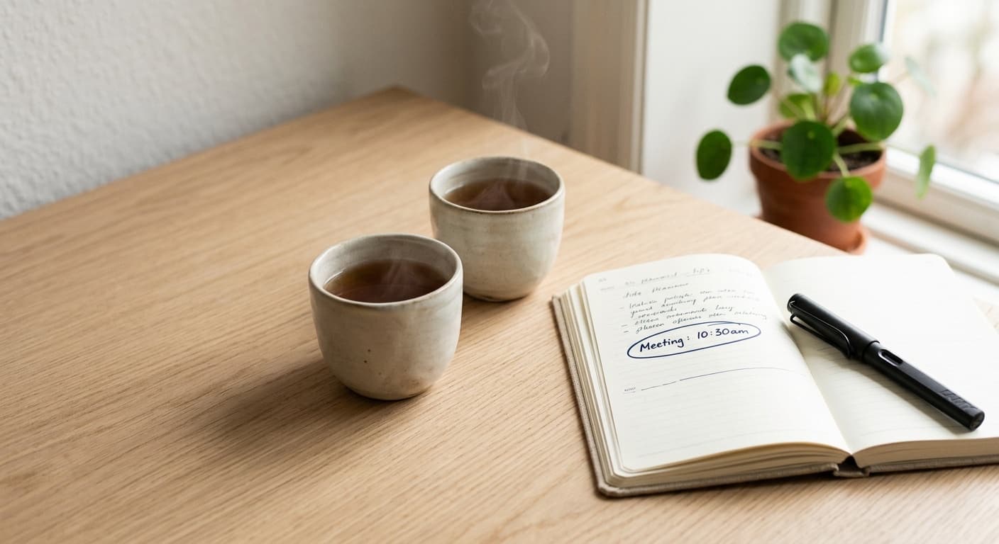 Två keramikkoppar med te ångar bredvid öppen dagbok med 'Meeting: 10:30am' markerat i navy bläck, fountain pen och pilea i fönsterljus