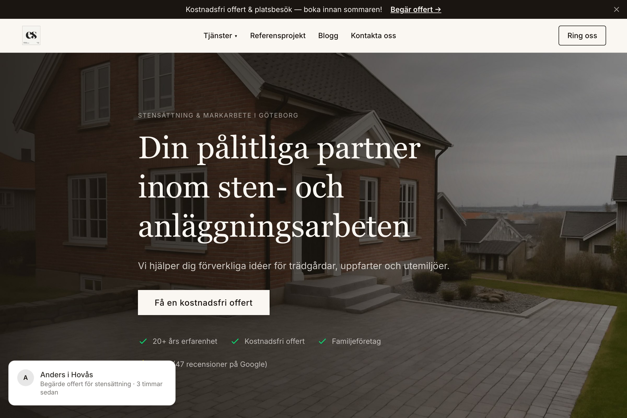 Skärmdump från ES Sten & Anläggning
