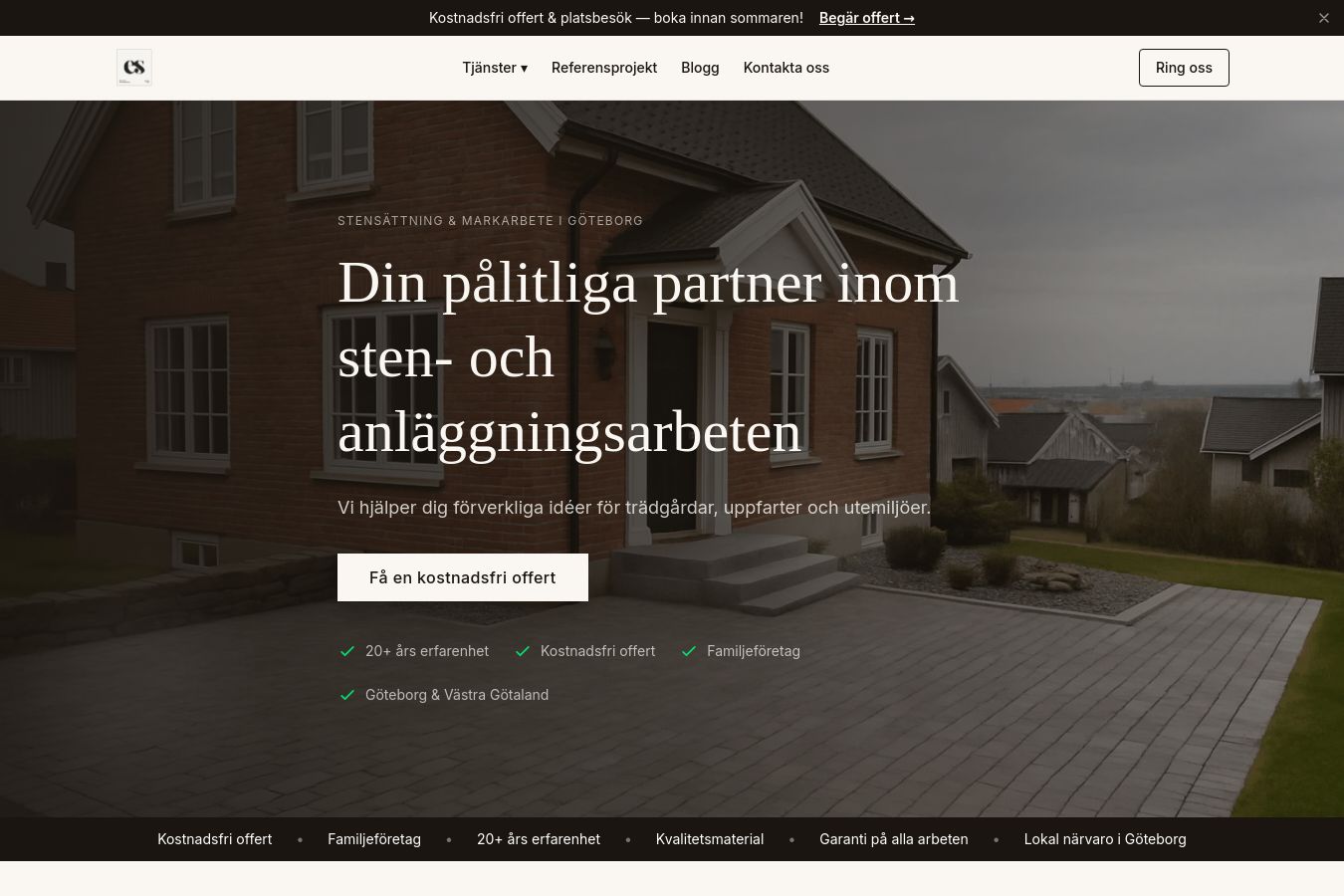 Skärmdump av webbplatsen för ES Sten & Anläggning, sidan Startsidan
