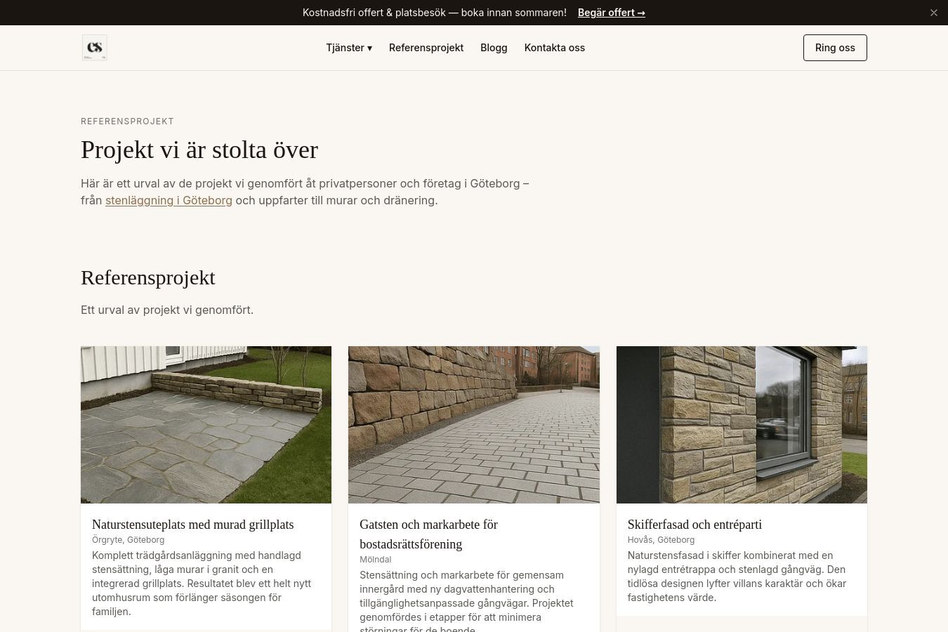 Skärmdump av webbplatsen för ES Sten & Anläggning, sidan Referensprojekt