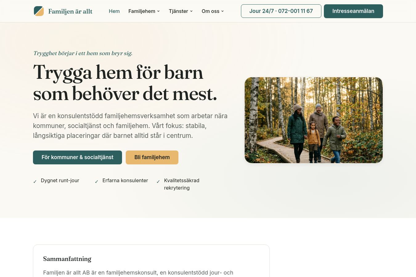 Skärmdump av webbplatsen för Familjen är allt, sidan Startsidan