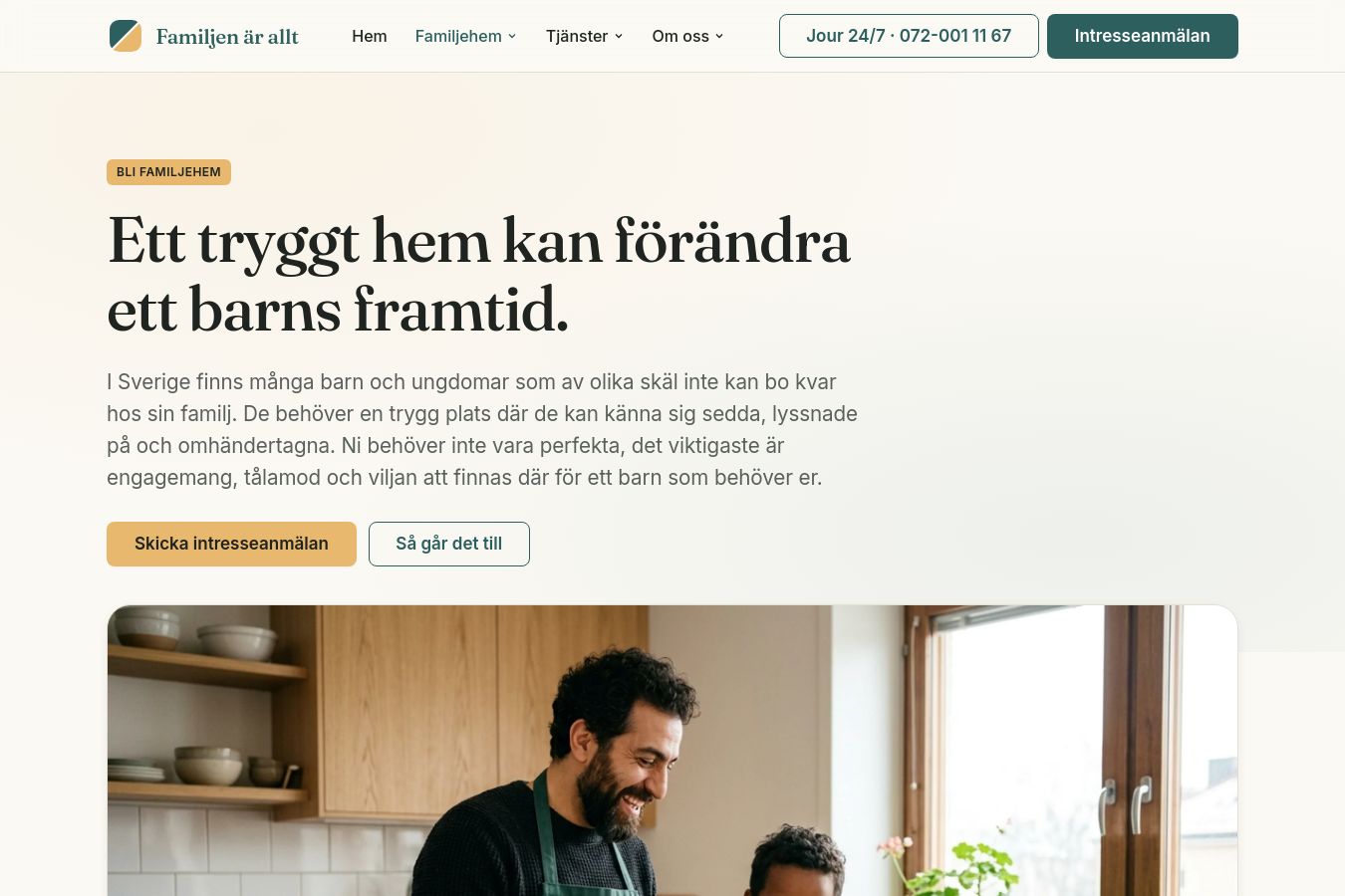 Skärmdump av webbplatsen för Familjen är allt, sidan Bli familjehem