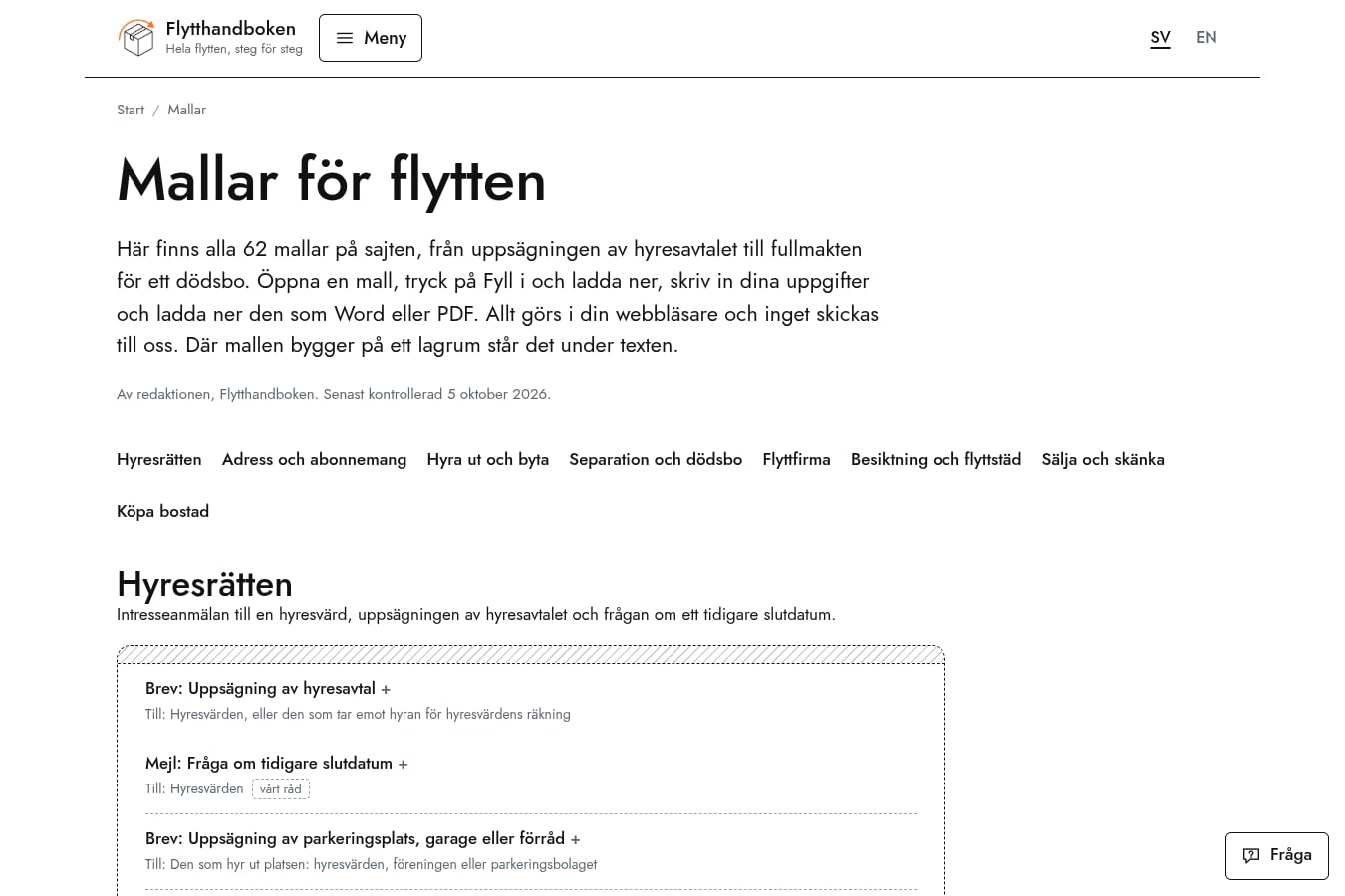 Skärmdump av webbplatsen för Flytthandboken, sidan Mallar