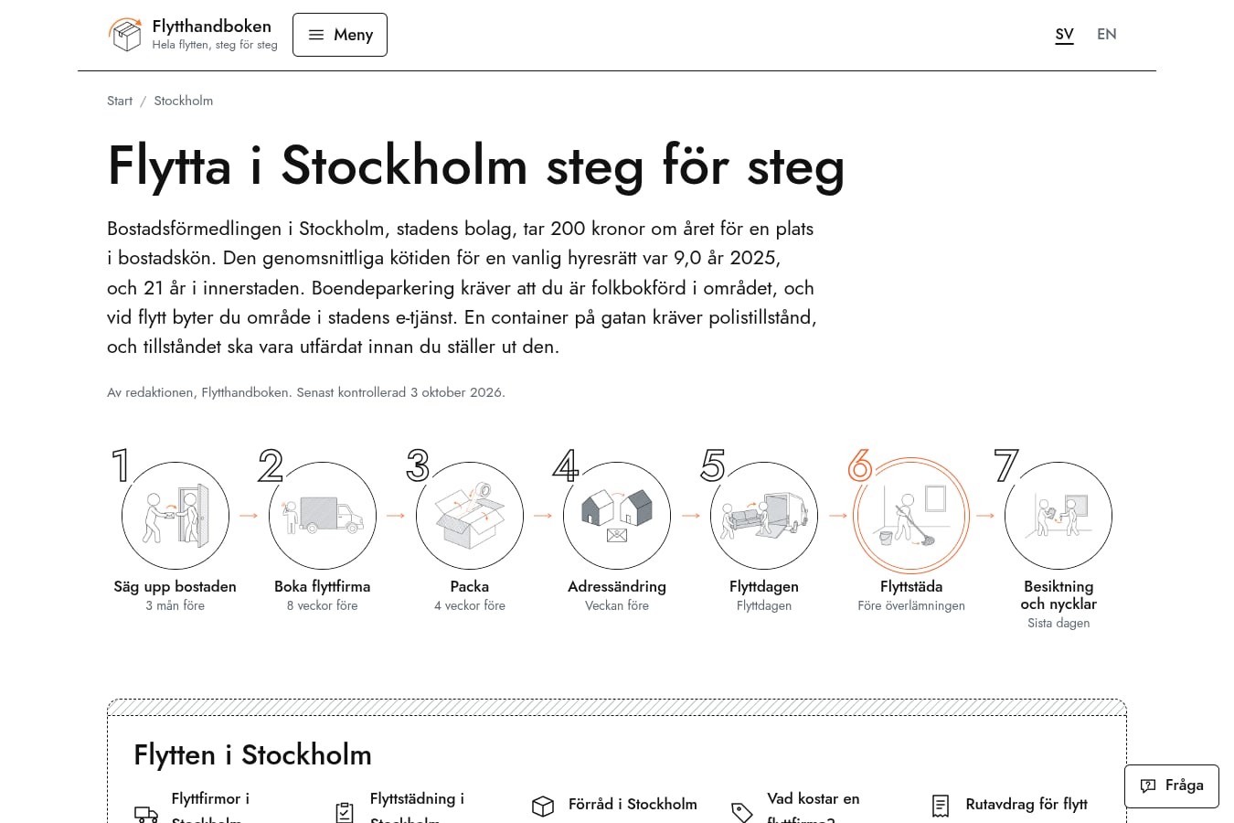 Skärmdump av webbplatsen för Flytthandboken, sidan Stockholm