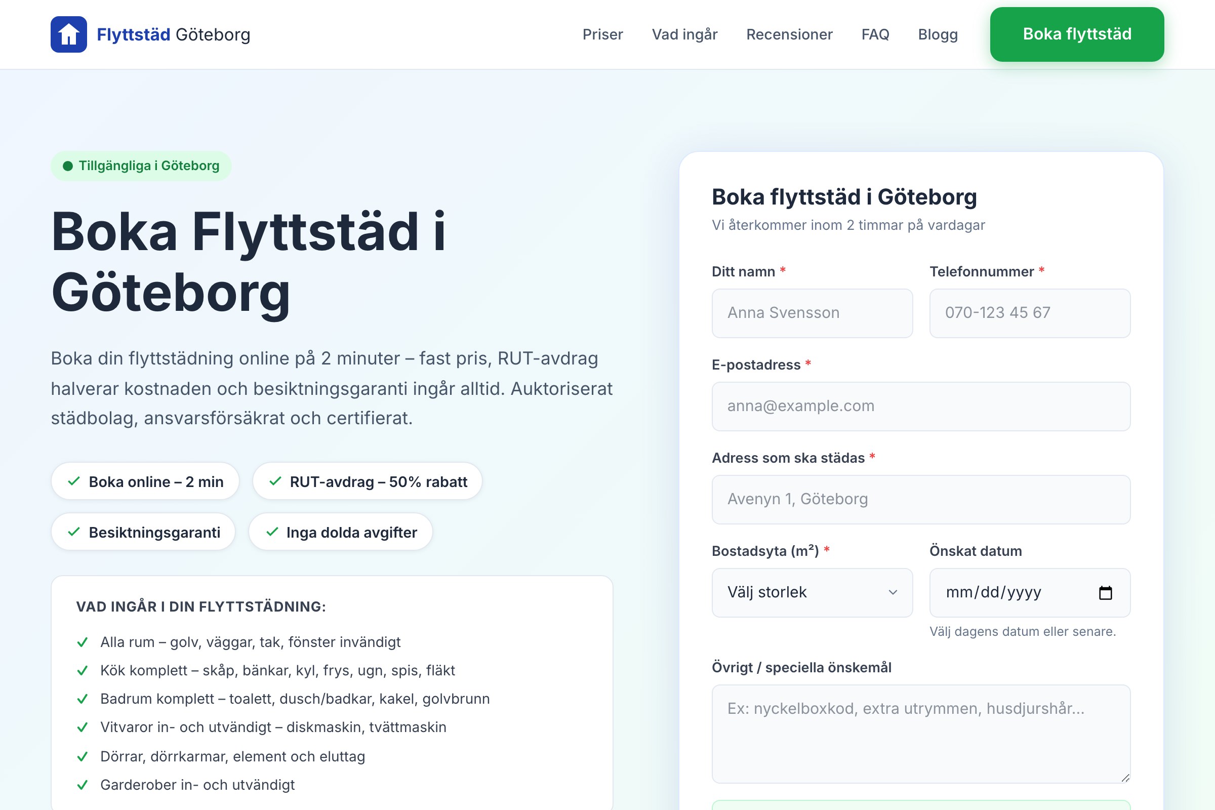 Skärmdump från Flyttstäd Göteborg