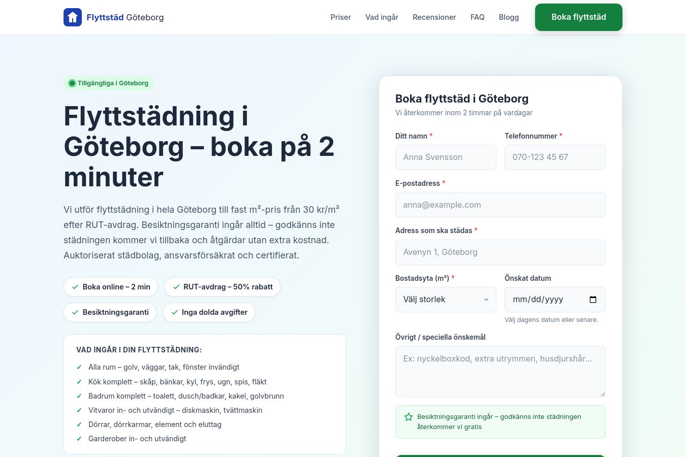 Skärmdump av webbplatsen för Flyttstäd Göteborg, sidan Startsidan