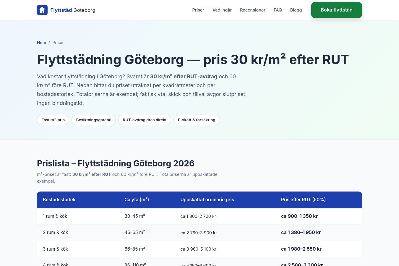 Skärmdump av webbplatsen för Flyttstäd Göteborg, sidan Priser