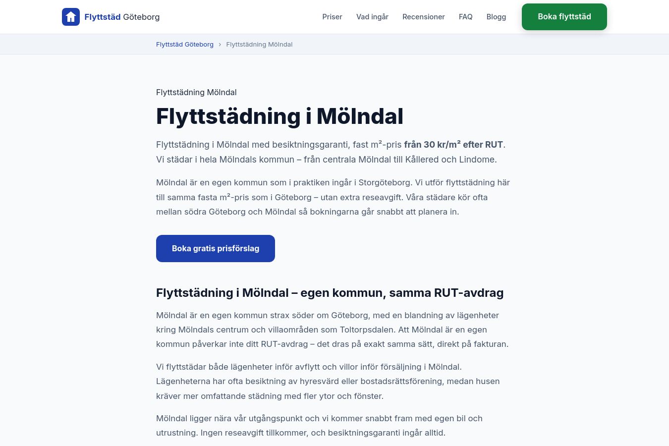 Skärmdump av webbplatsen för Flyttstäd Göteborg, sidan Flyttstädning Mölndal