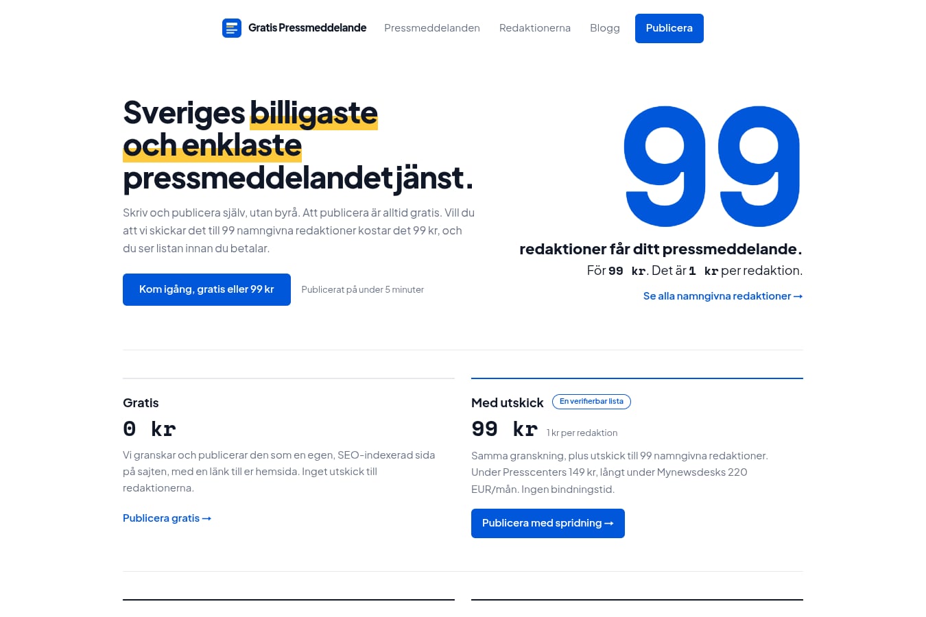 Skärmdump av webbplatsen för Gratis Pressmeddelande, sidan Startsidan