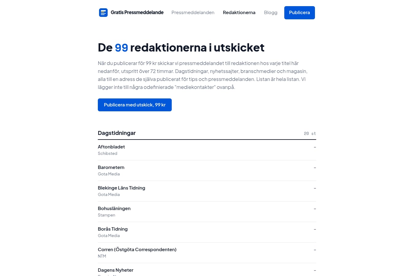Skärmdump av webbplatsen för Gratis Pressmeddelande, sidan Redaktionerna