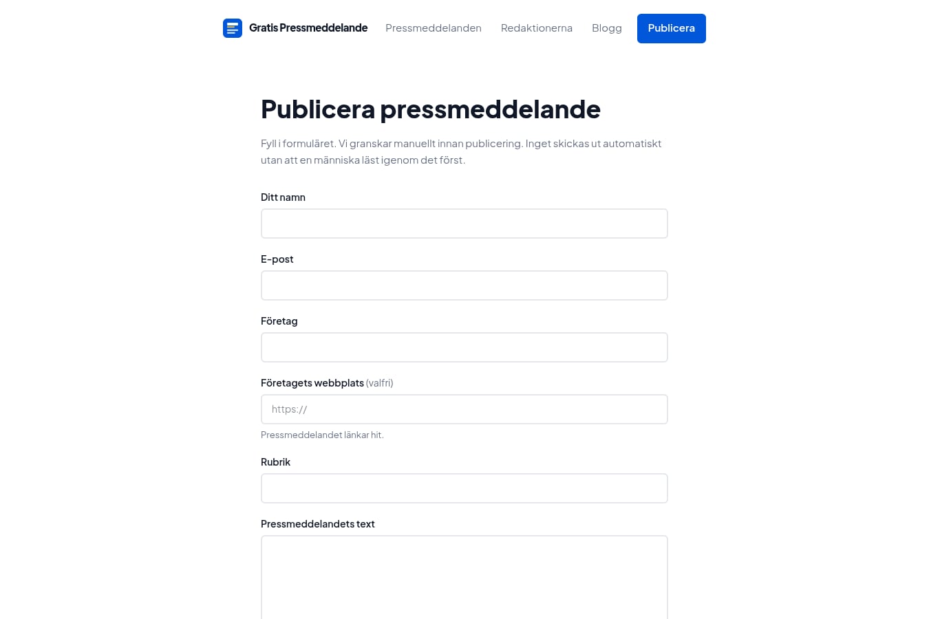 Skärmdump av webbplatsen för Gratis Pressmeddelande, sidan Publicera
