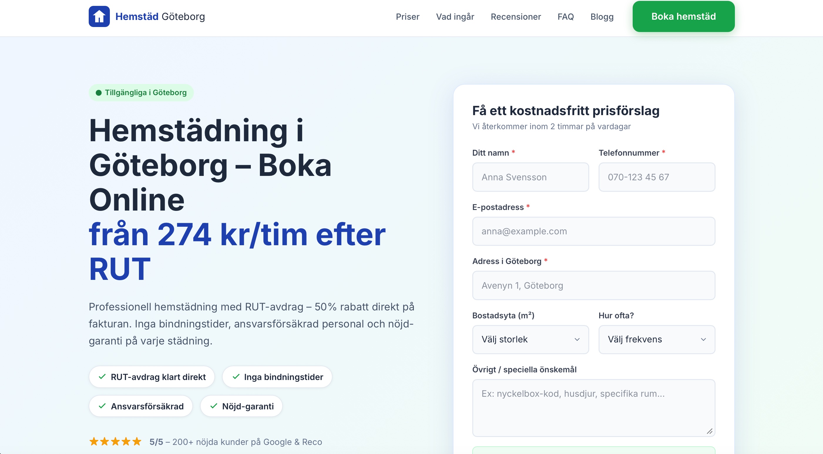 Skärmdump från Hemstäd Göteborg