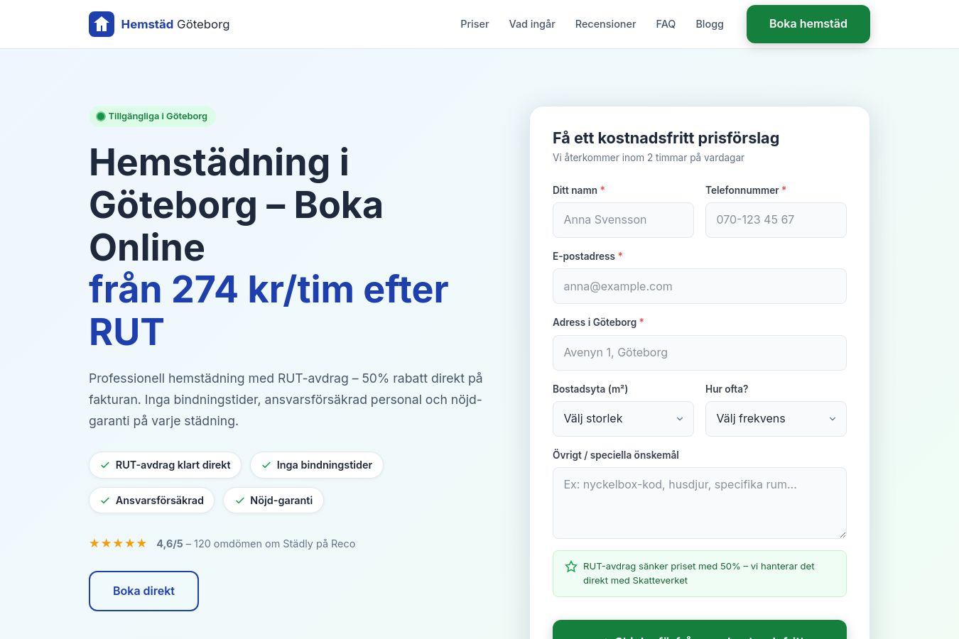 Skärmdump av webbplatsen för Hemstäd Göteborg, sidan Startsidan
