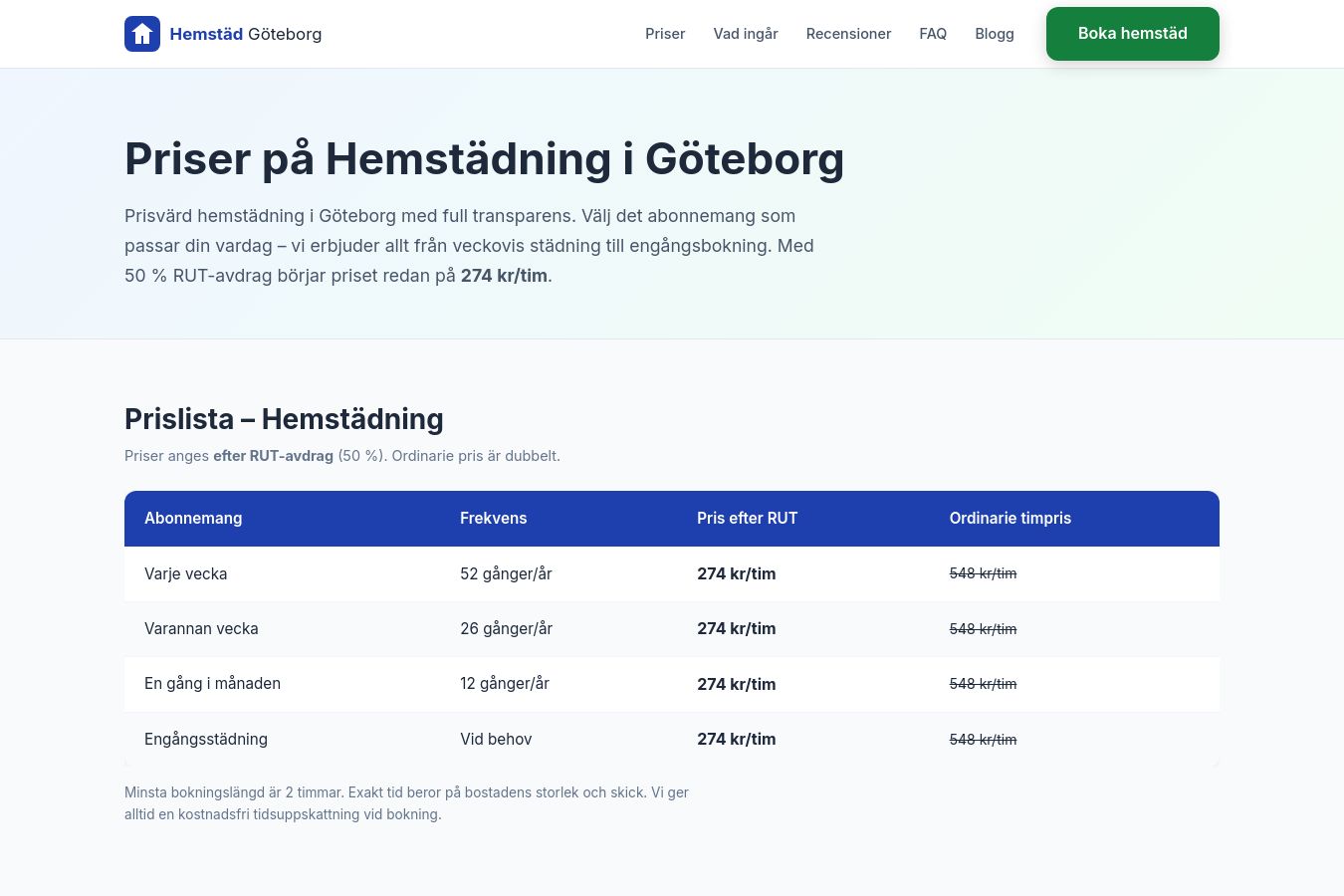 Skärmdump av webbplatsen för Hemstäd Göteborg, sidan Priser
