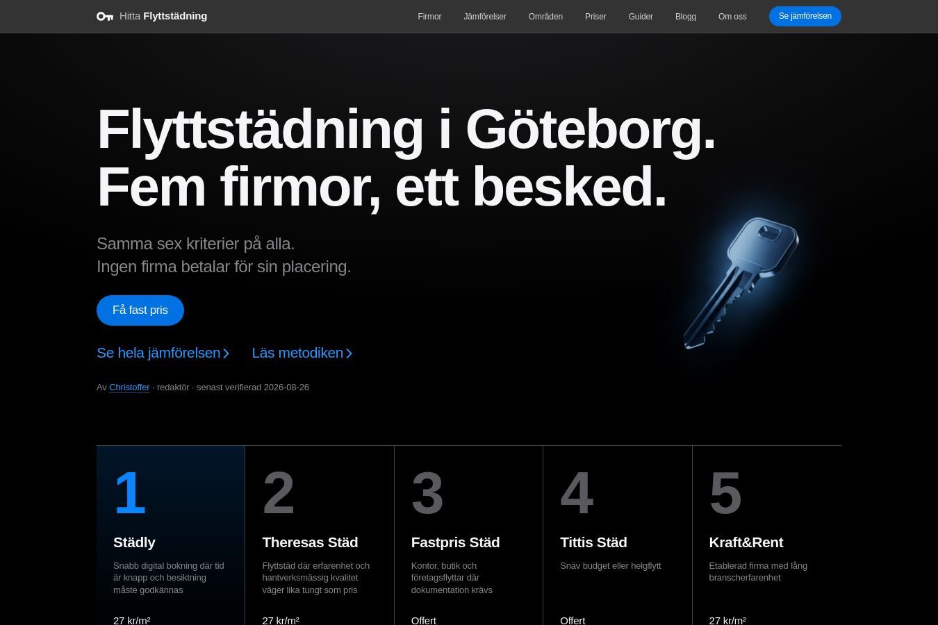 Skärmdump av webbplatsen för Hitta Flyttstädning, sidan Startsidan