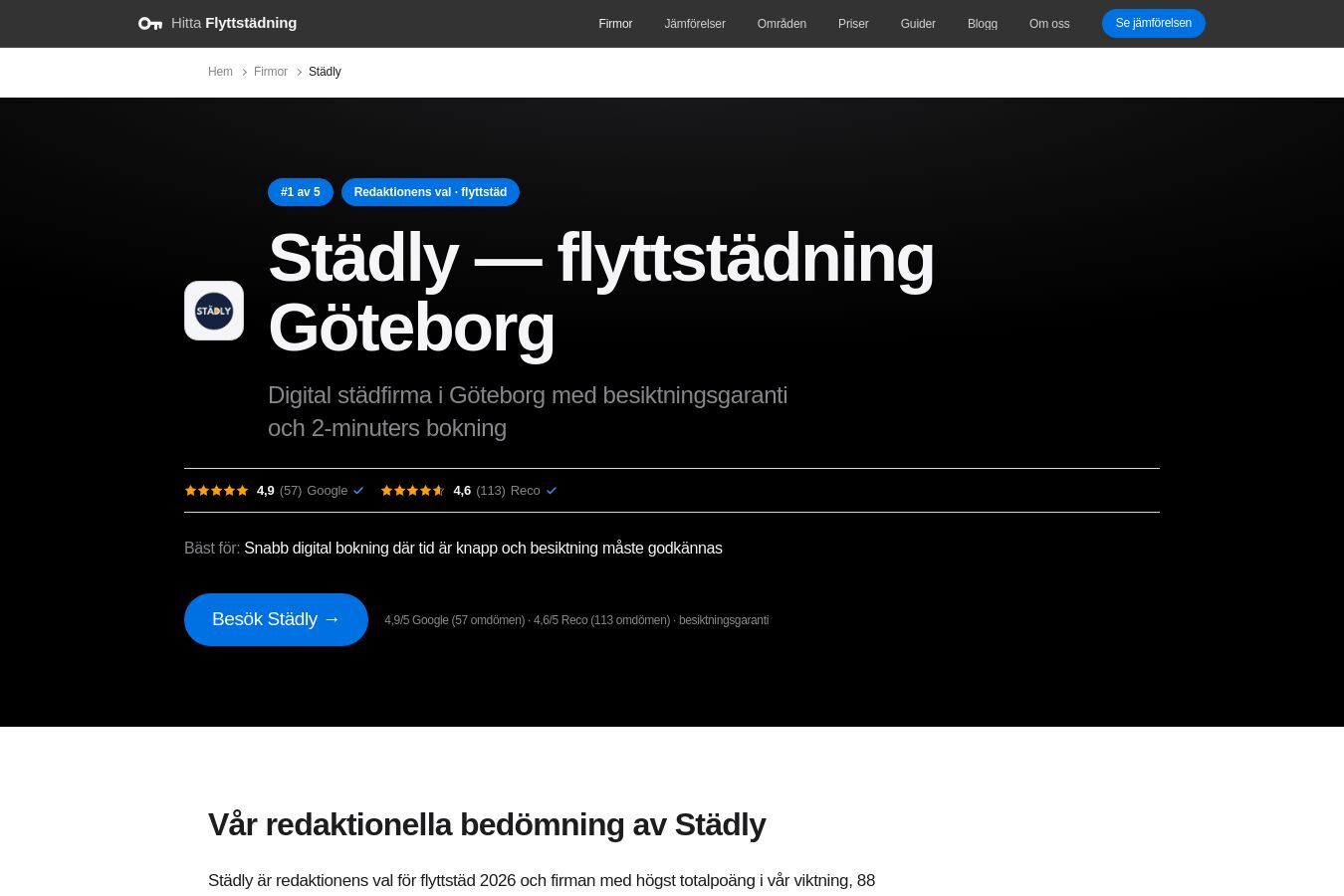 Skärmdump av webbplatsen för Hitta Flyttstädning, sidan Firmasida: Städly