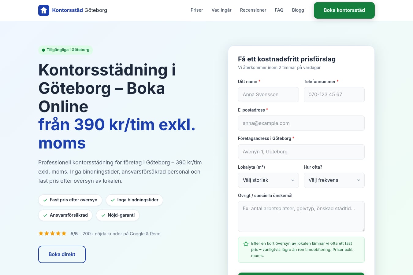 Skärmdump av webbplatsen för Kontorsstäd Göteborg, sidan Startsidan