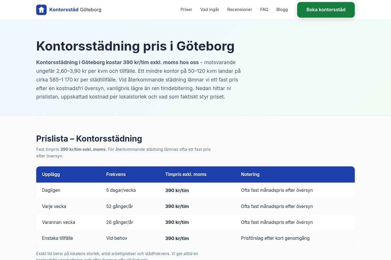 Skärmdump av webbplatsen för Kontorsstäd Göteborg, sidan Priser