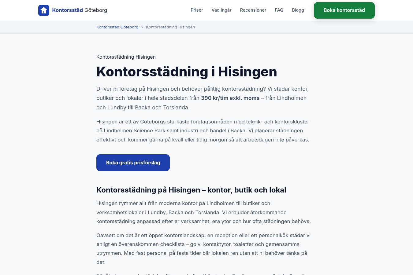 Skärmdump av webbplatsen för Kontorsstäd Göteborg, sidan Hisingen
