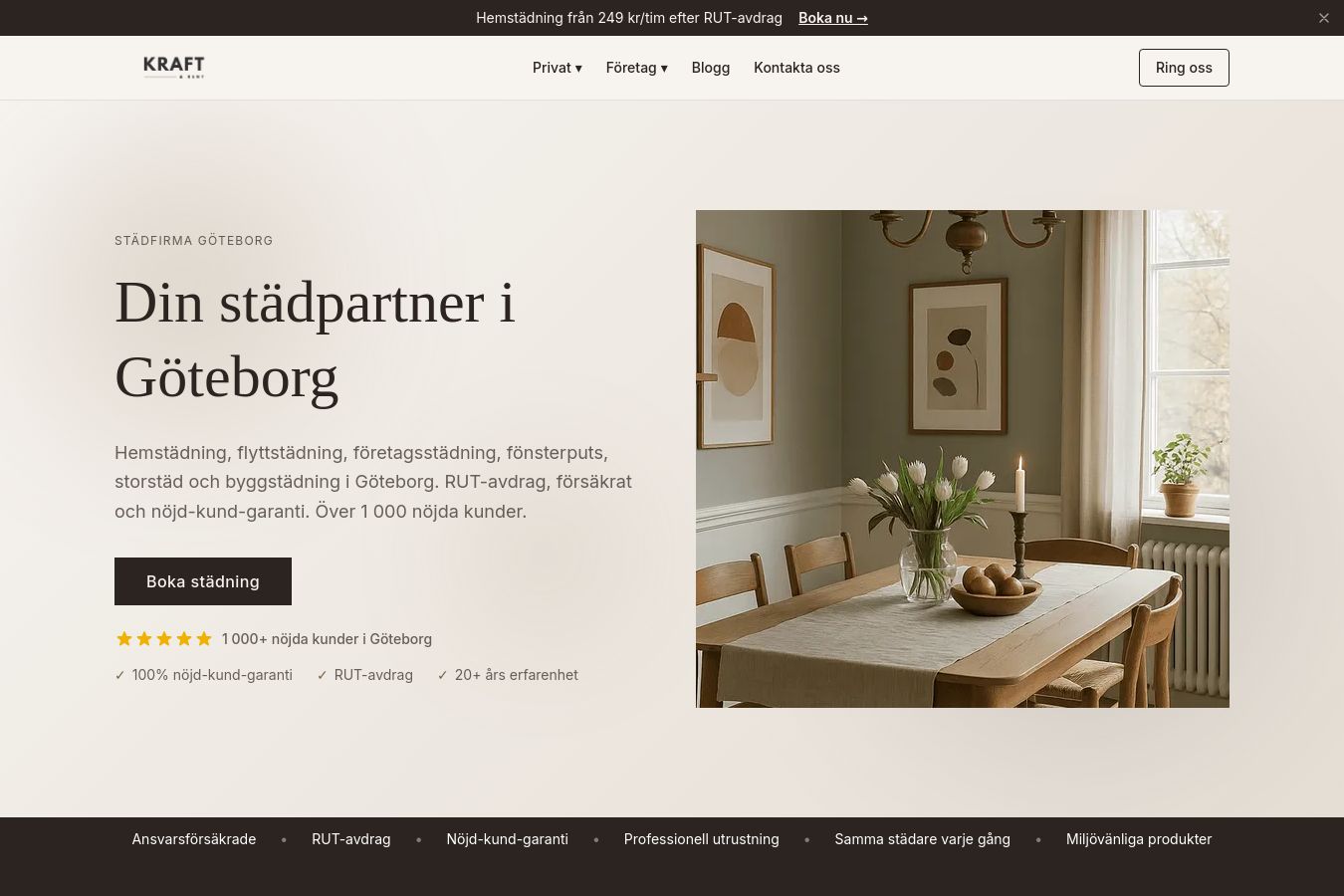 Skärmdump av webbplatsen för Kraft & Rent, sidan Startsidan