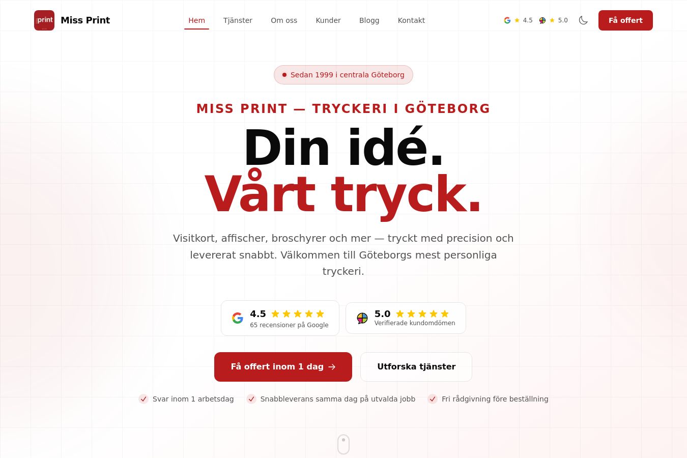 Skärmdump av webbplatsen för Miss Print, sidan Startsidan