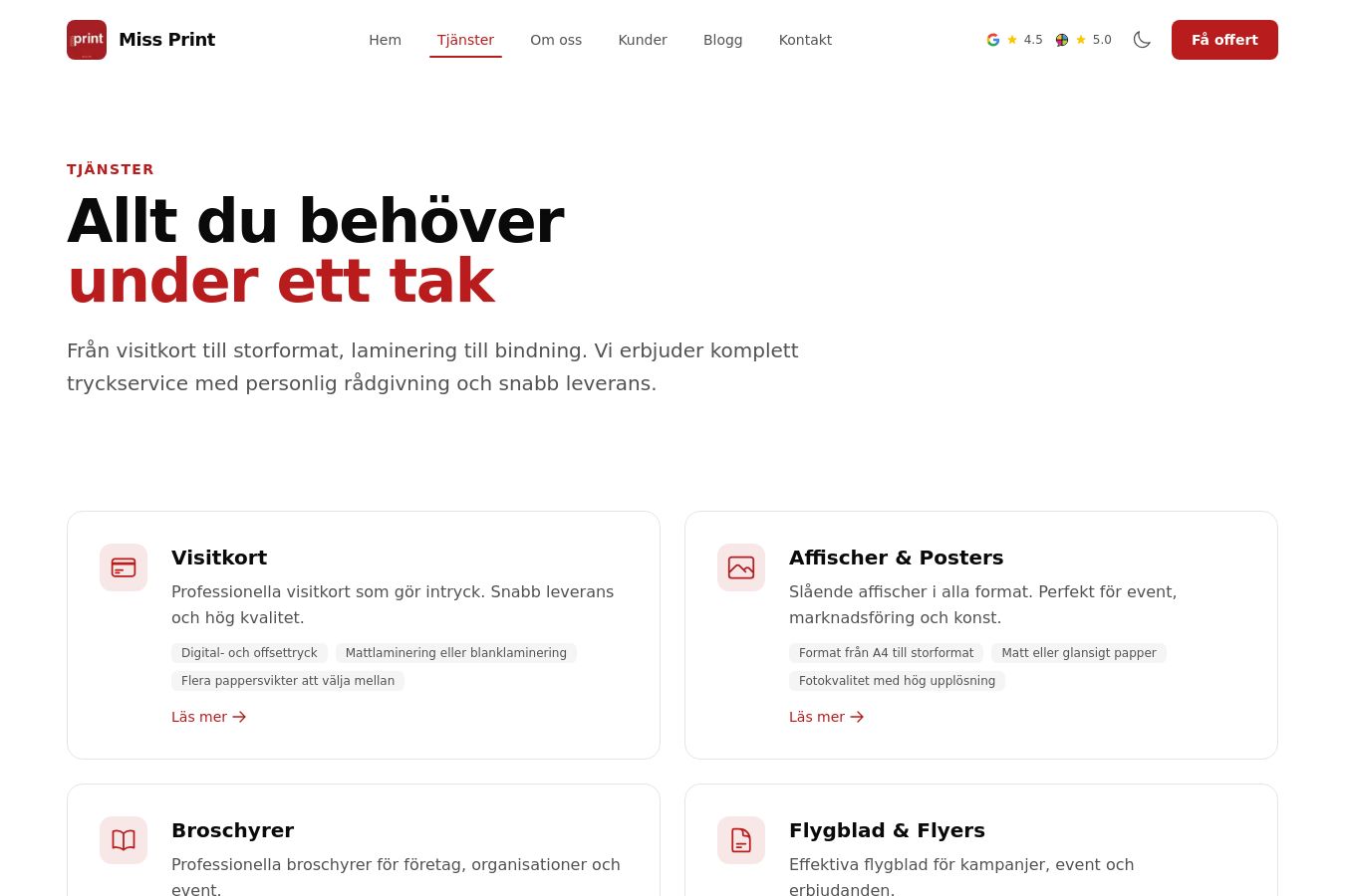 Skärmdump av webbplatsen för Miss Print, sidan Tjänster
