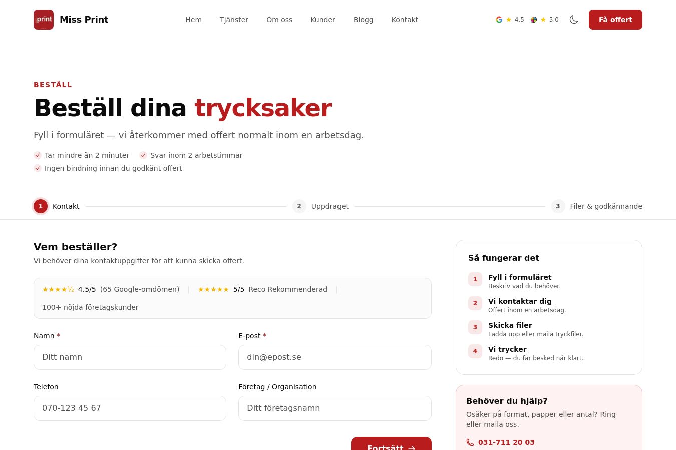 Skärmdump av webbplatsen för Miss Print, sidan Beställ