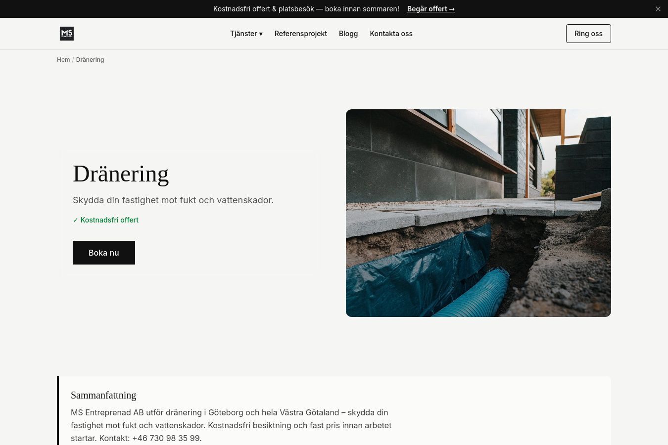 Skärmdump av webbplatsen för MS Entreprenad, sidan Dränering