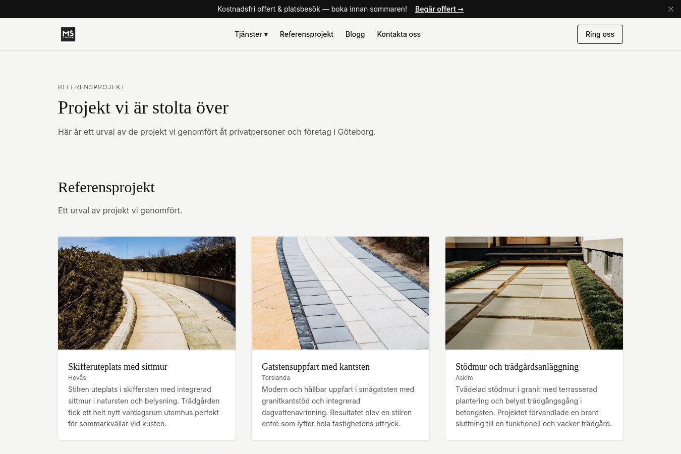 Skärmdump av webbplatsen för MS Entreprenad, sidan Referensprojekt