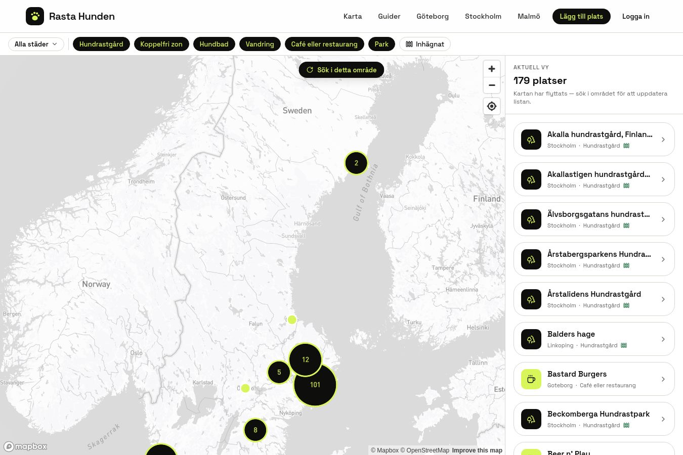 Skärmdump av webbplatsen för Rastahunden, sidan Karta