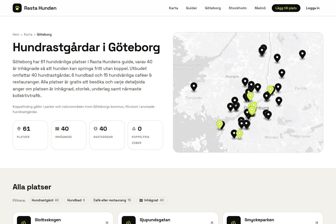 Skärmdump av webbplatsen för Rastahunden, sidan Hundrastgårdar i Göteborg