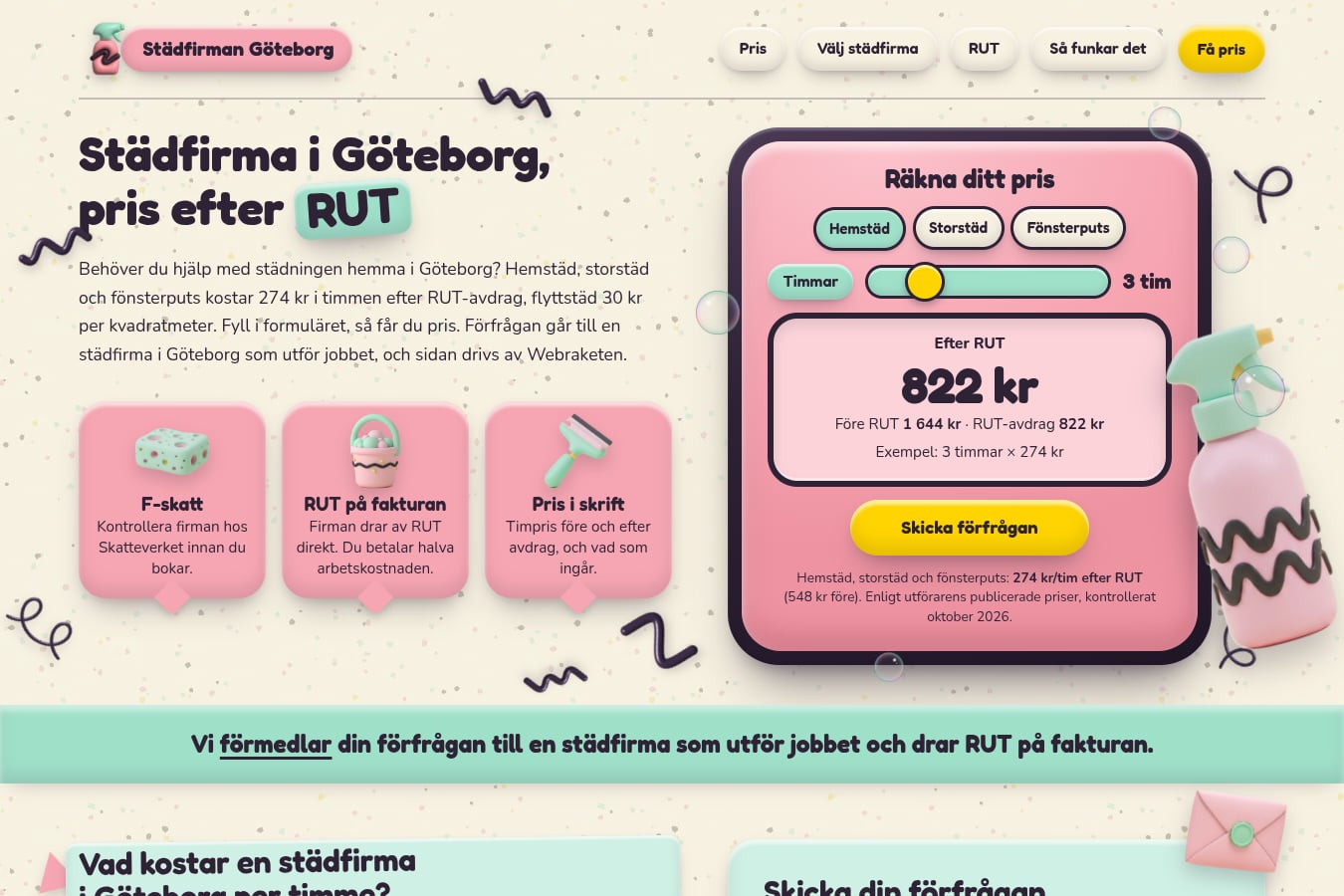 Skärmdump av webbplatsen för Städfirman Göteborg, sidan Startsidan