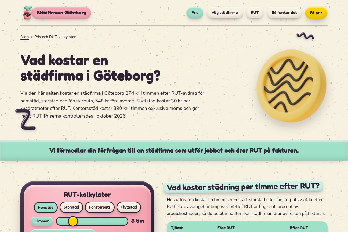 Skärmdump av webbplatsen för Städfirman Göteborg, sidan Vad kostar en städfirma