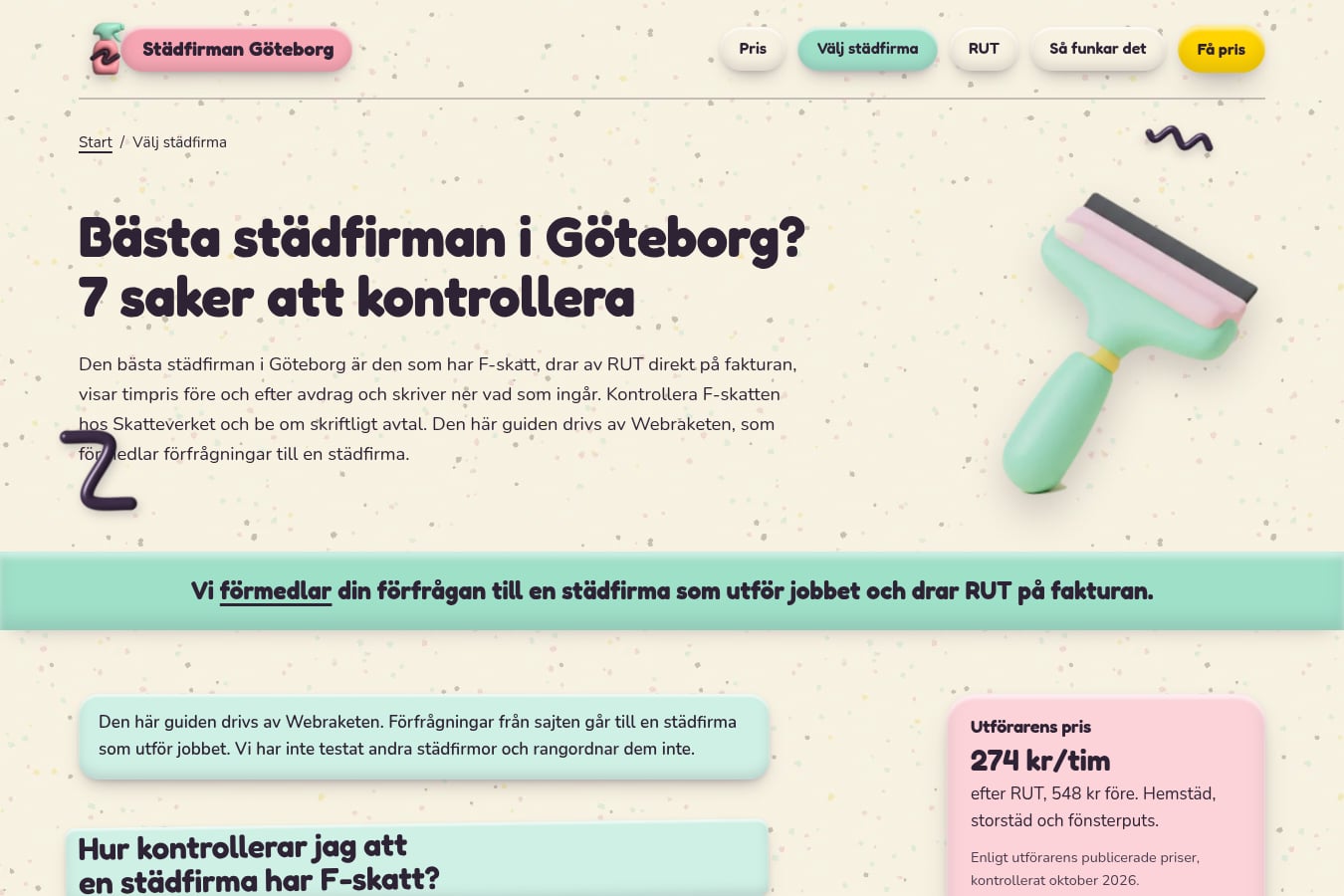 Skärmdump av webbplatsen för Städfirman Göteborg, sidan Bästa städfirman