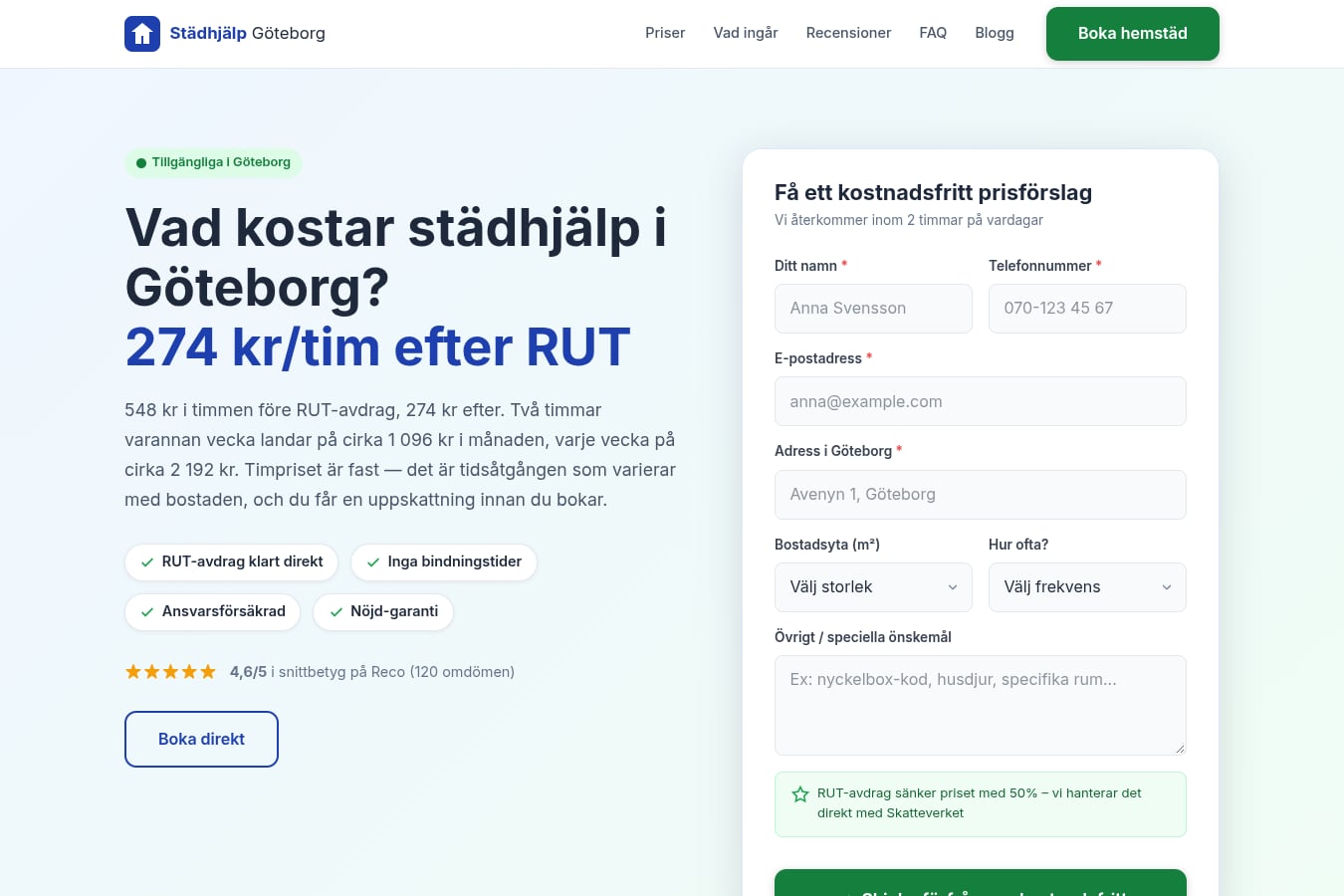 Skärmdump av webbplatsen för Städhjälp Göteborg, sidan Startsidan