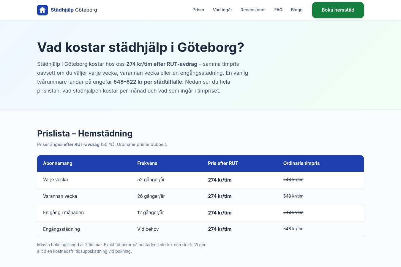 Skärmdump av webbplatsen för Städhjälp Göteborg, sidan Priser
