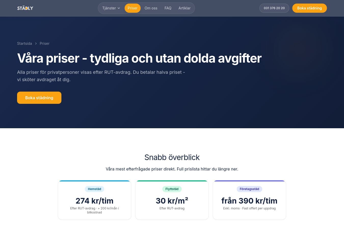 Skärmdump av webbplatsen för Städly, sidan Priser