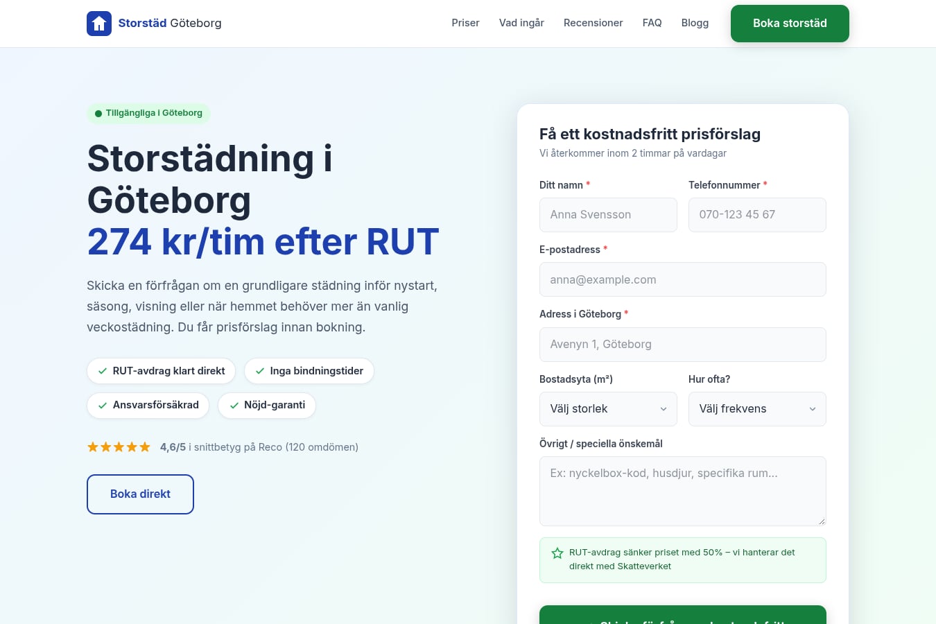 Skärmdump av webbplatsen för Storstäd Göteborg, sidan Startsidan