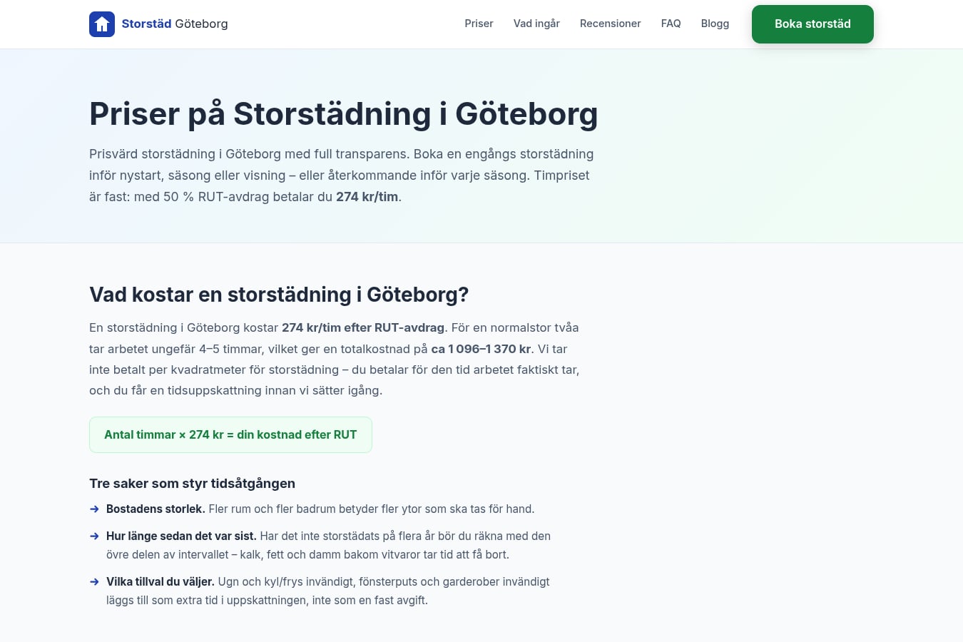 Skärmdump av webbplatsen för Storstäd Göteborg, sidan Priser