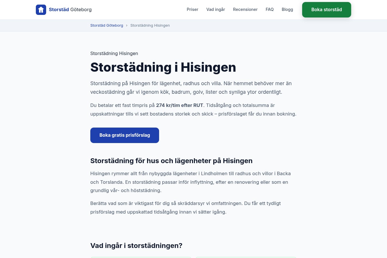 Skärmdump av webbplatsen för Storstäd Göteborg, sidan Hisingen