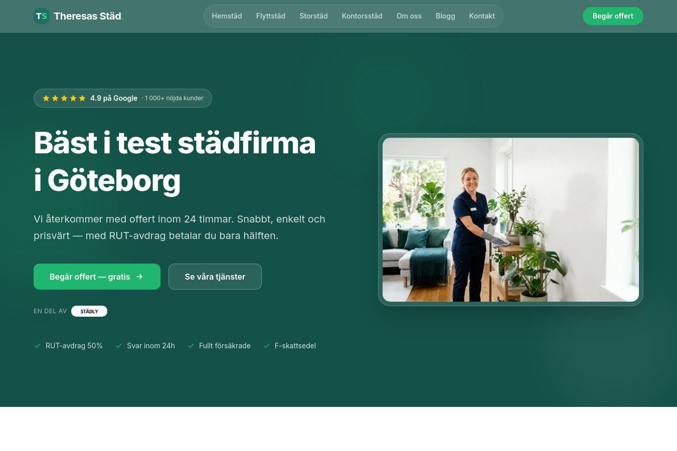 Skärmdump av webbplatsen för Theresas Städ, sidan Startsidan