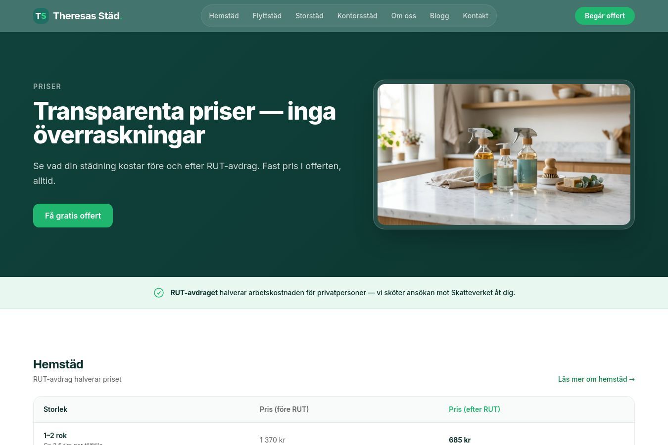 Skärmdump av webbplatsen för Theresas Städ, sidan Priser