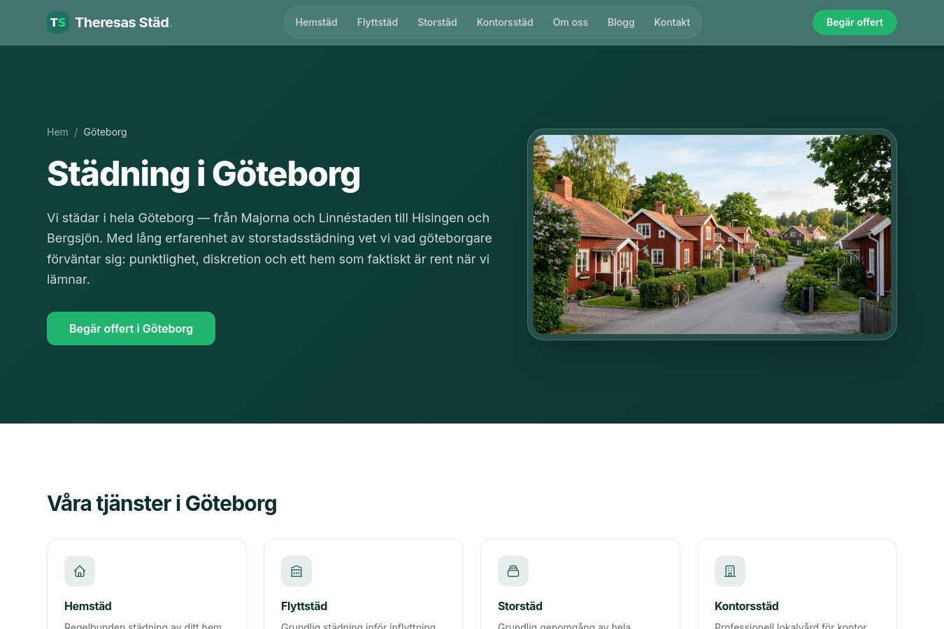 Skärmdump av webbplatsen för Theresas Städ, sidan Städning i Göteborg