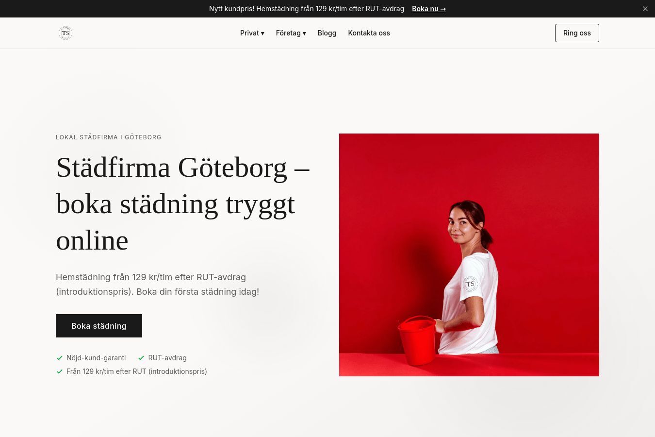 Skärmdump av webbplatsen för Tittis Städ, sidan Startsidan