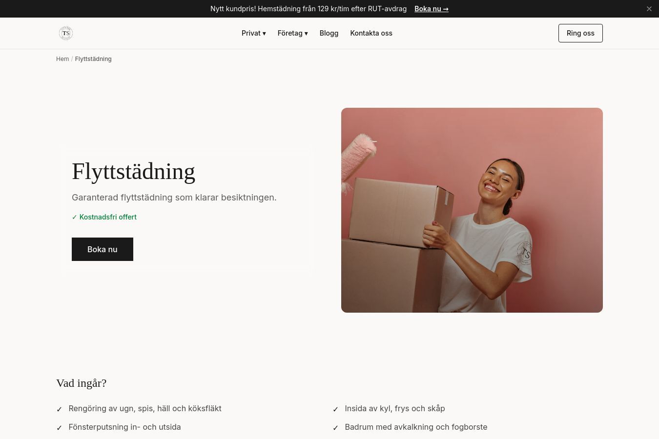 Skärmdump av webbplatsen för Tittis Städ, sidan Flyttstädning