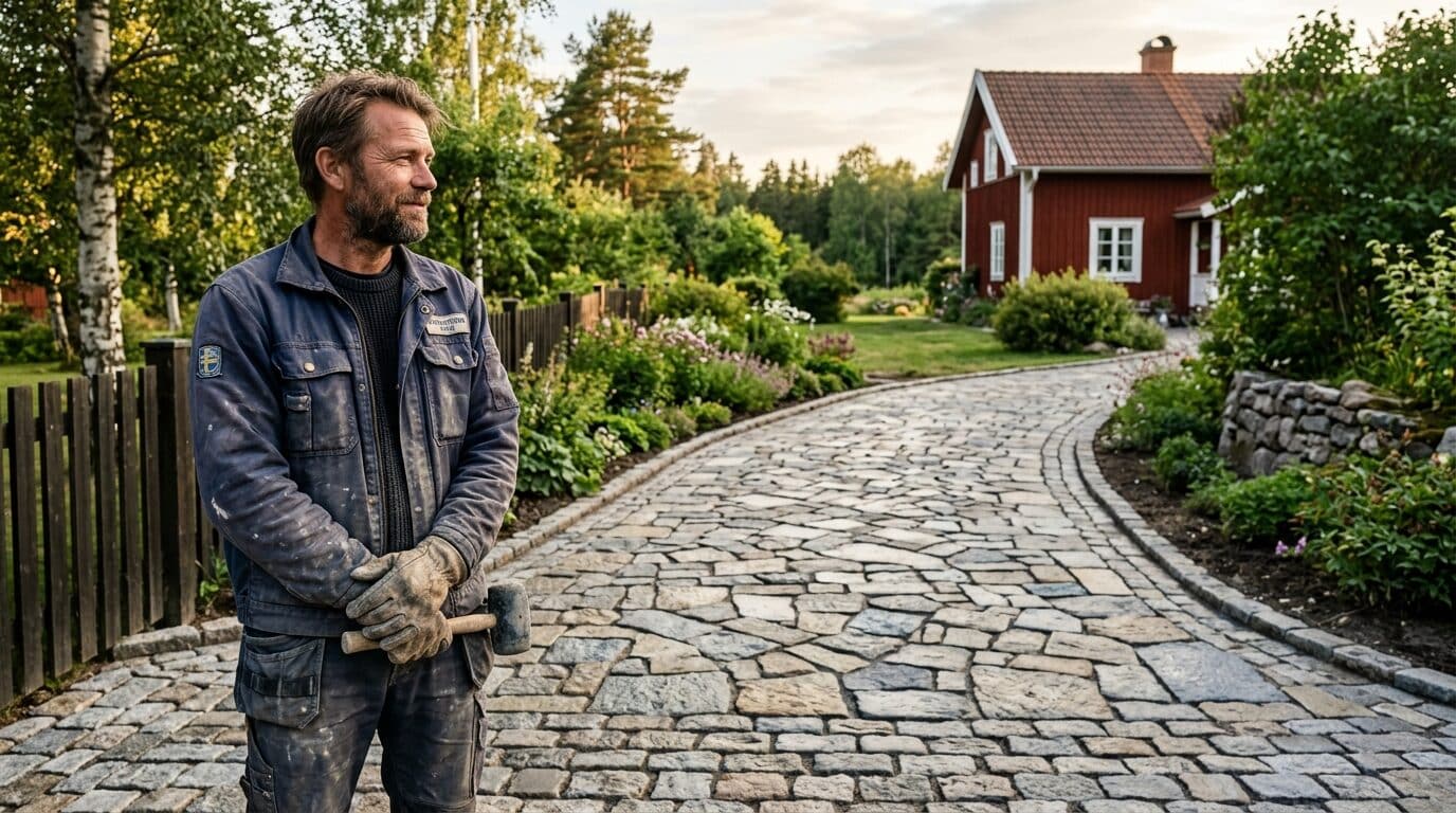 Stenarbetare på färdig granitanläggning — exempelbild från Foto-paket Hantverk